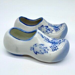 Vintage Japan Blue White Porcelain Mini Clog Shoes Pair Hand Painted